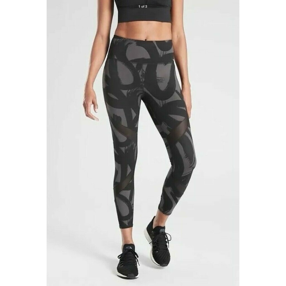 Athleta Tenacity 7/8 Tight in Powerlift Brush Strokes Black Mesh Activewear Gym